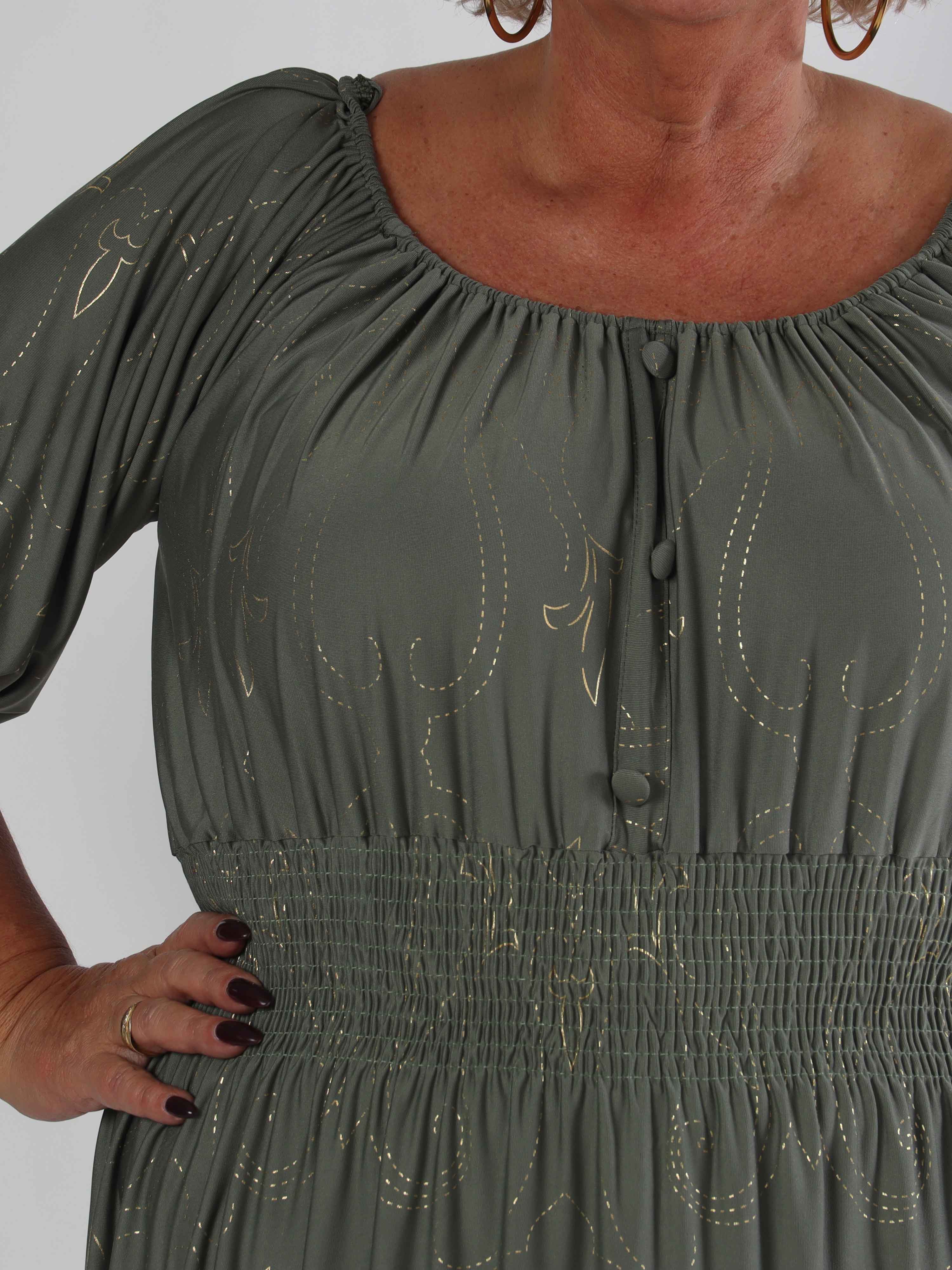 Cora Royal Gold Midi - Elastisk plus size kjole med guld print